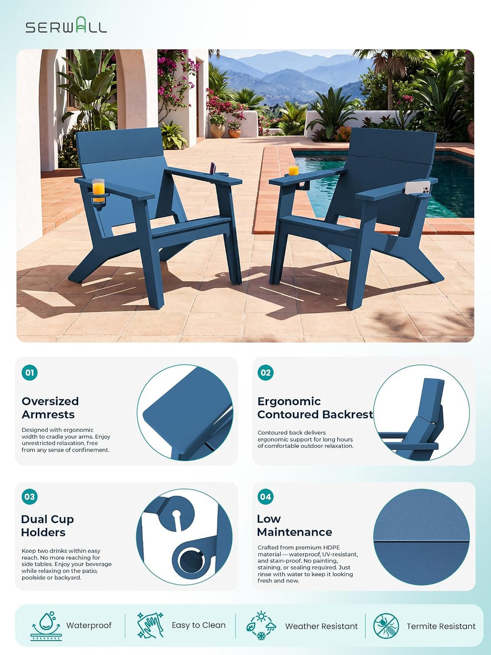 SERWALL Modern Adirondack Chairs Tall Lounge Chair Set of 2,Blue