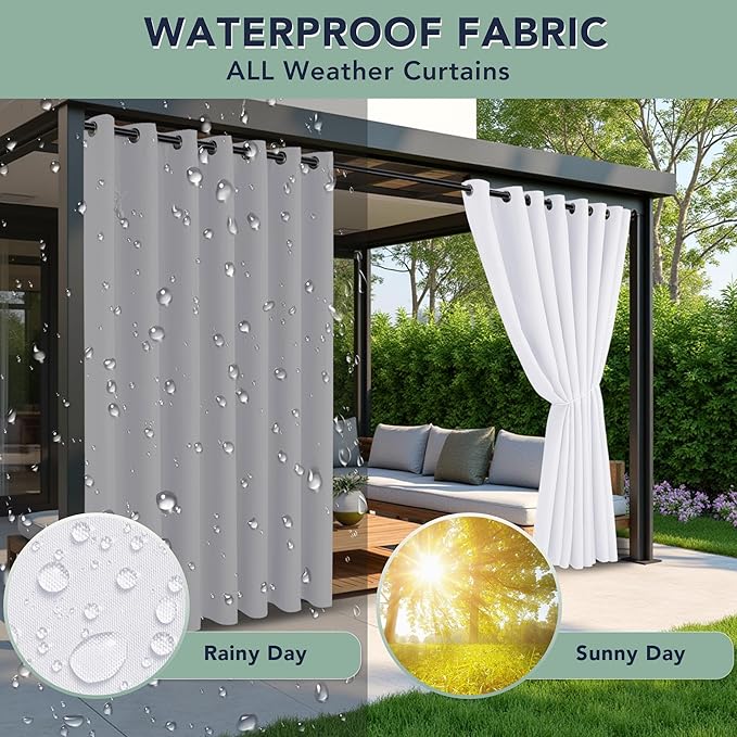 White Outdoor Curtains for Patio Waterproof - 8 Panels Privacy Weatherproof O...