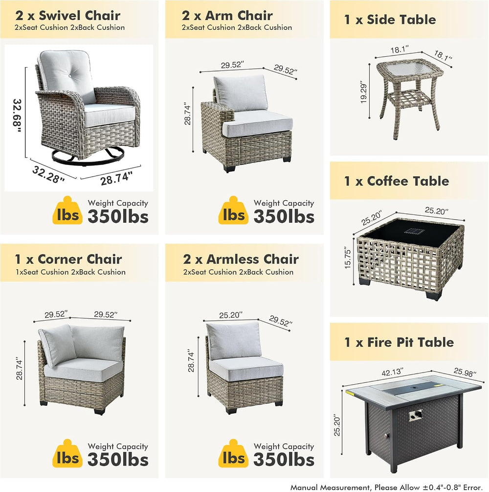 HOOOWOOO Sectional Patio Furniture Set With Fire Pit Table,10 Pieces Wicker O...