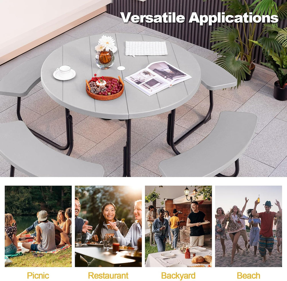 Tangkula 8 Person Round Picnic Table with 4 Built-in Benches, Grey