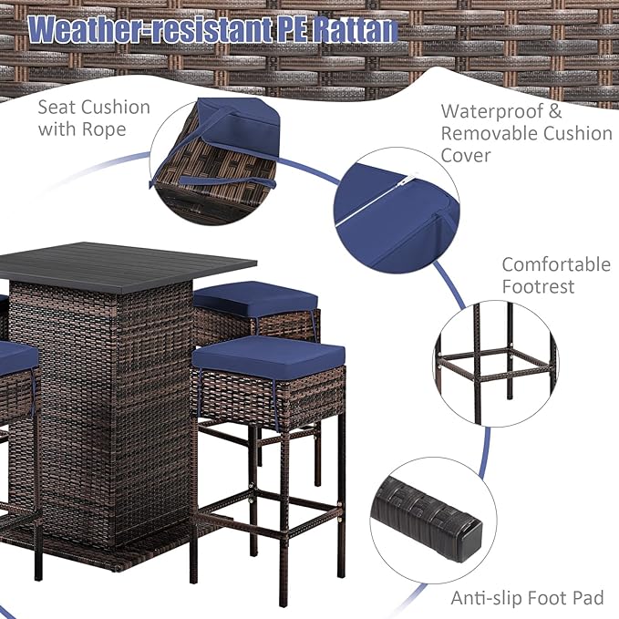 Tangkula 5 Piece Outdoor Rattan Bar Set, Patio Bar Furniture with 4 Cushions ...