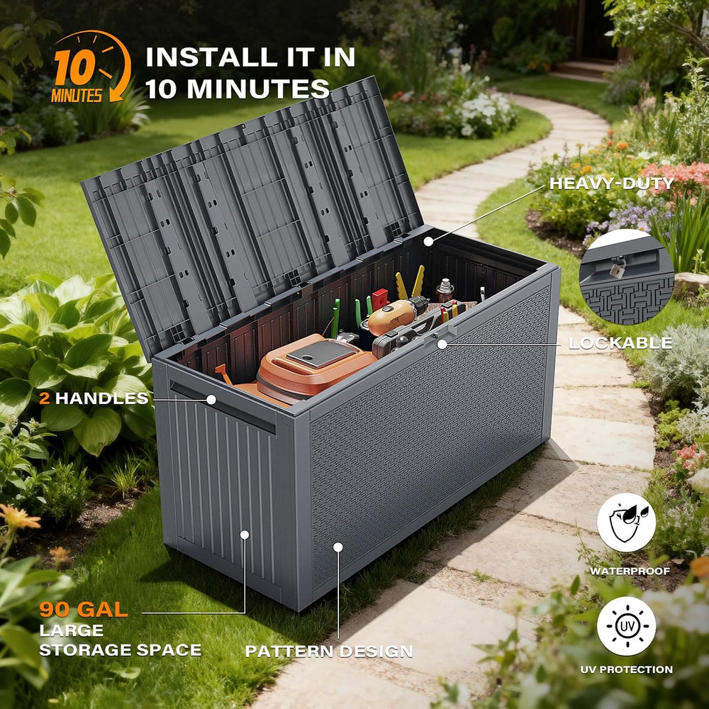 VINGLI 90 Gallon Lockable Durable Outdoor Storage Box, Grey