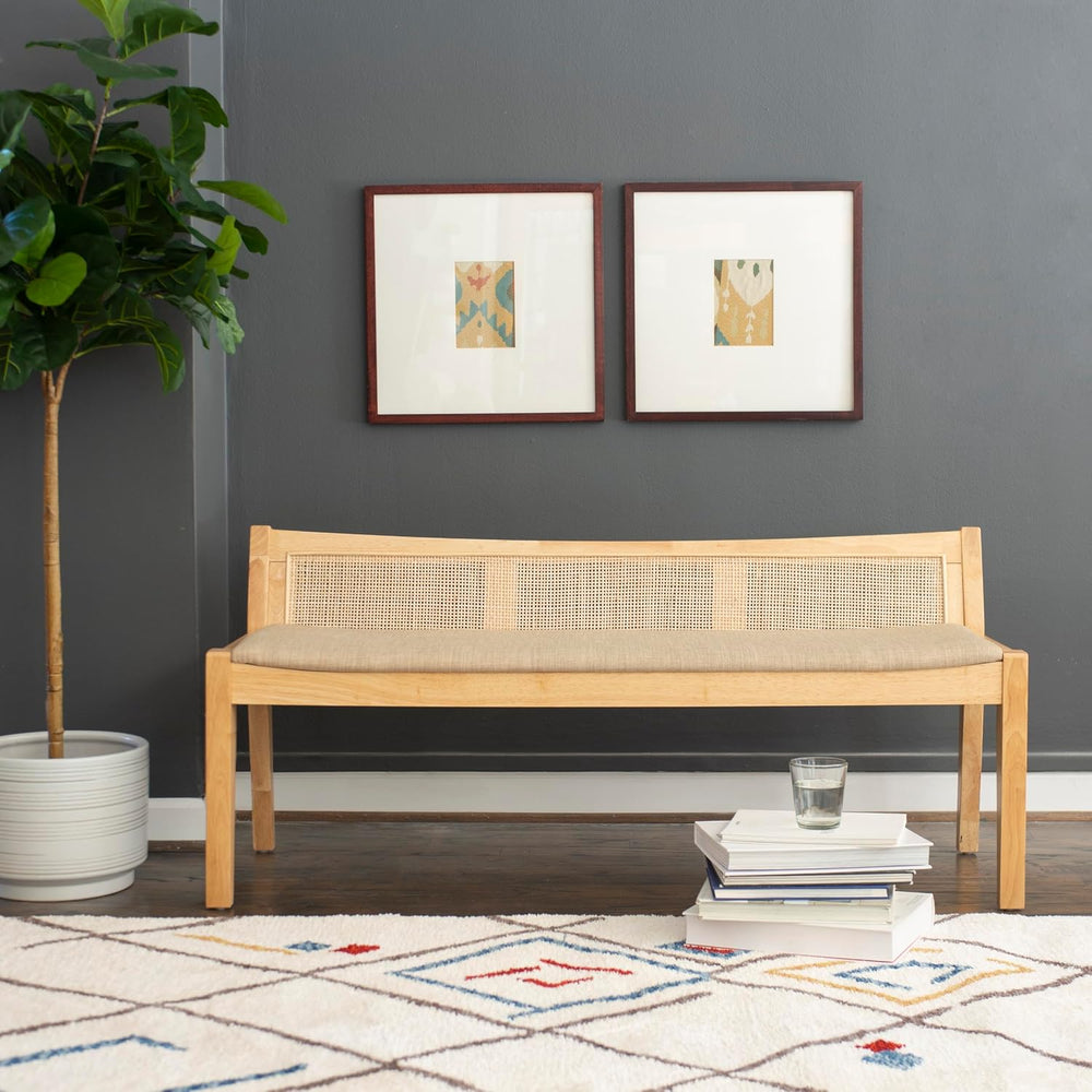 Powell Kasi Natural Low Back Cane Bench with Beige Upholstered Seat