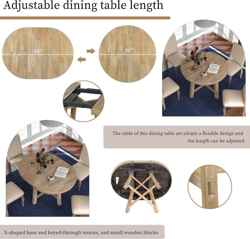 P PURLOVE 5-Piece Round Dining Table Set, Wood Farmhouse Round Extendable Din...