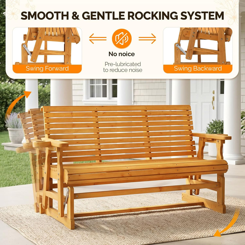 VINGLI Wooden Patio Glider, Heavy Duty 800 LBS Outdoor Glider with Cup Holder...