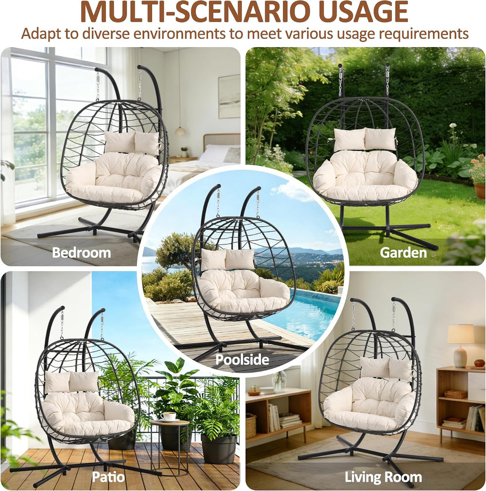 Double Egg Chair with Stand, 650 LBS Capacity, Beige