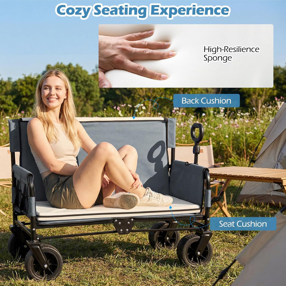 Goplus 2-in-1 Wagon Bench Seat Combo, Collapsible Folding Beach Cart with Adj...