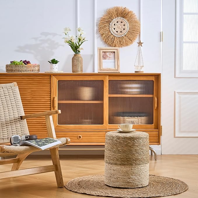 Wimarsbon Ottoman Poufs, 100% Natural Seagrass Pouffe, Hand Weave Round Foots...