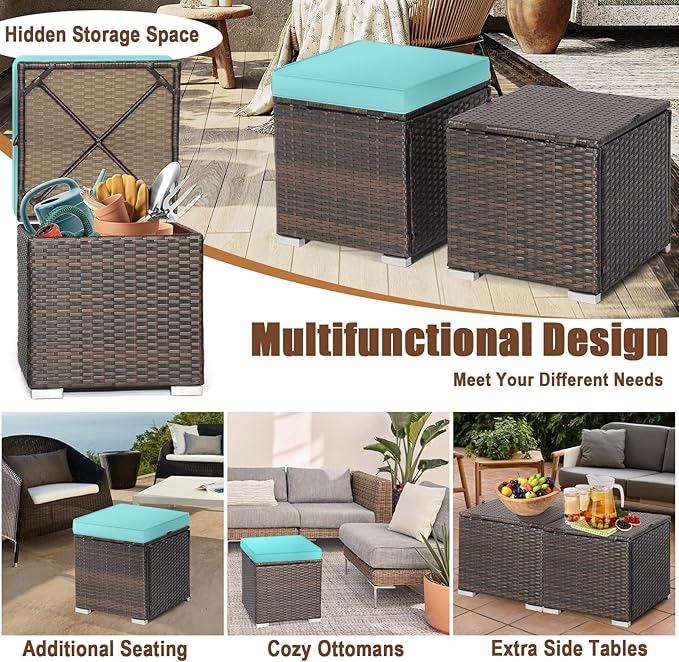 RELAX4LIFE Wicker Outdoor Storage Ottoman, 2-Piece Rattan Footstool w/Removab...