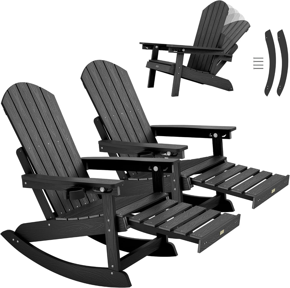 YEFU Adirondack Rocking Chairs Set of 2, with Footrest, All-Weather, Black | ...