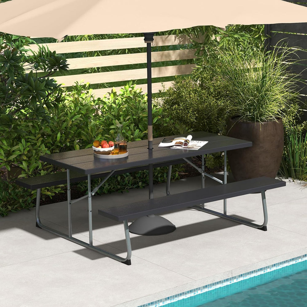 Tangkula 6 Ft Folding Picnic Table with 2 Built-in Benches, Black