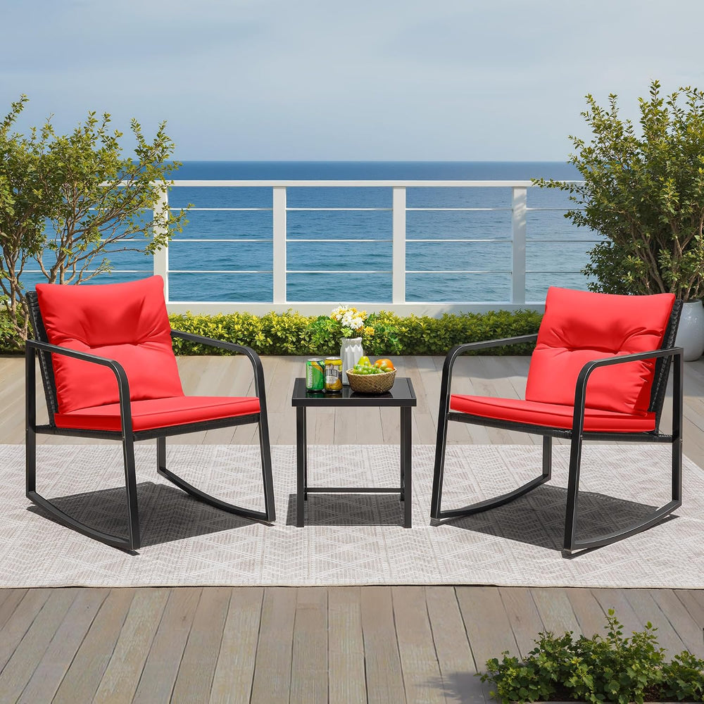 Greesum 3 Pieces Rocking Wicker Bistro Set,Patio Conversation Sets,Red