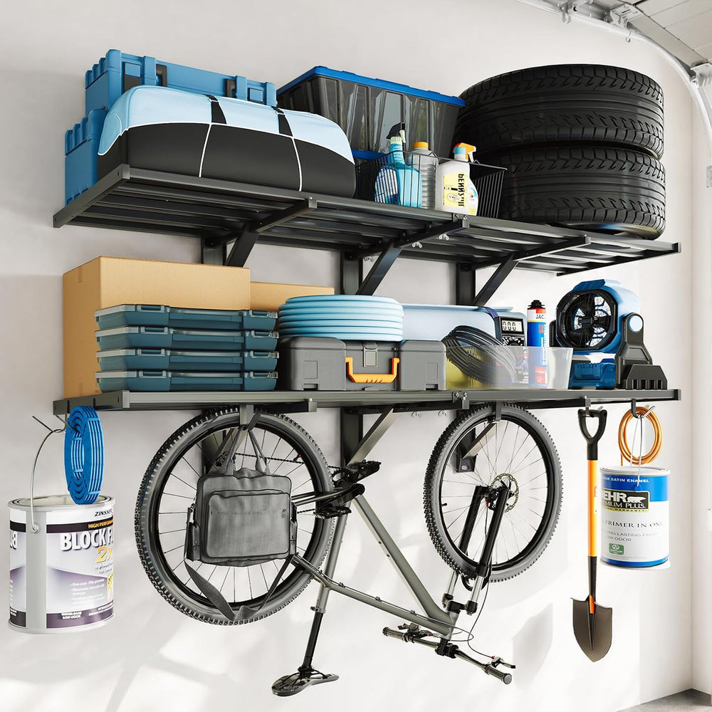 FLEXIMOUNTS 2-Pack 2x6ft Garage Shelving Wall Mounted, 8 Hooks, 1200lbs