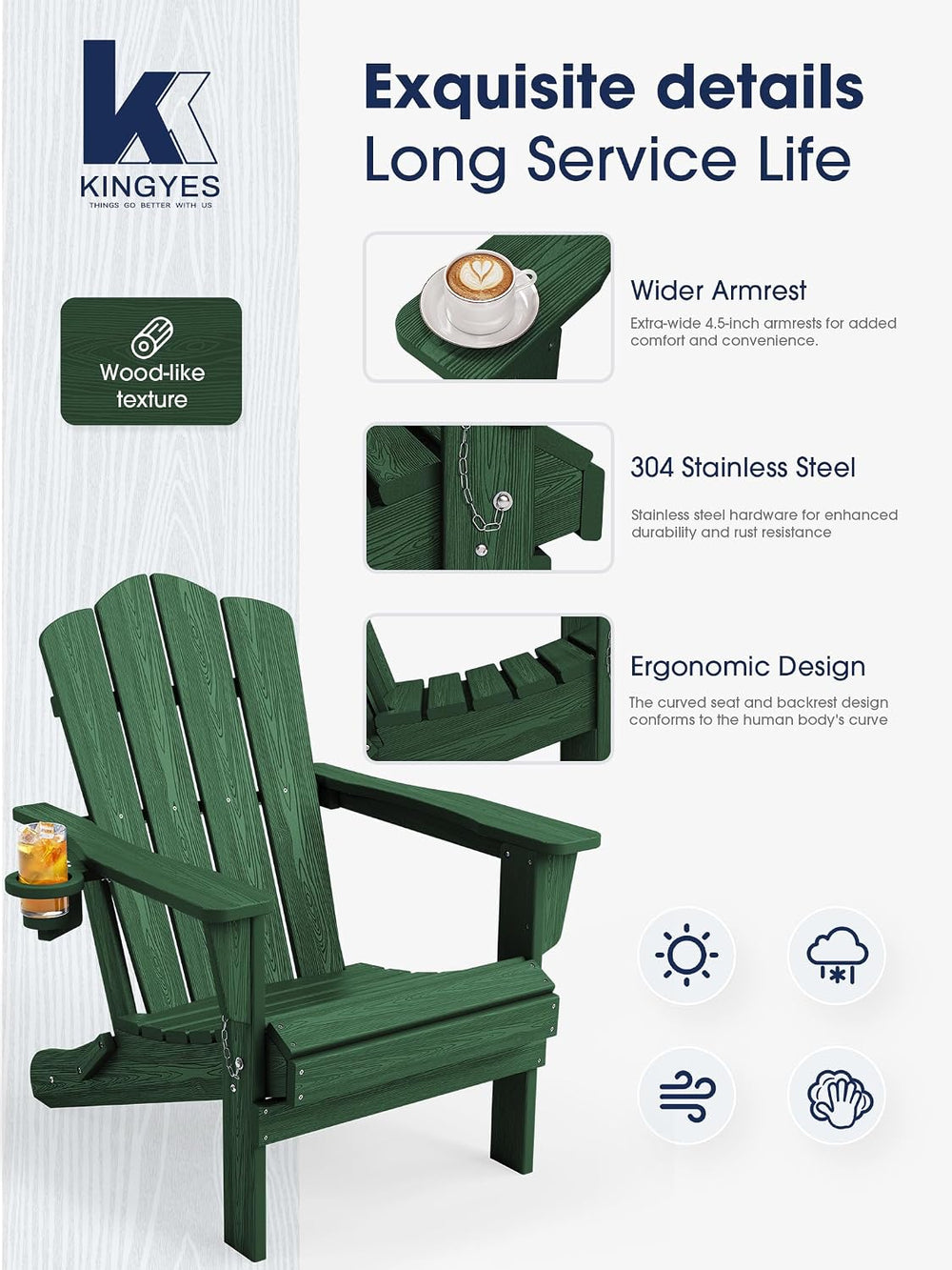 KINGYES Folding Adirondack Chair Set of 2 with Cup Holder, Green