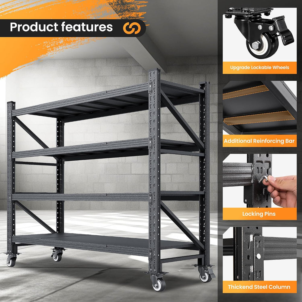 55.1” Wide Heavy Duty Metal Garage Shelving, Steel Shelf with Wheels