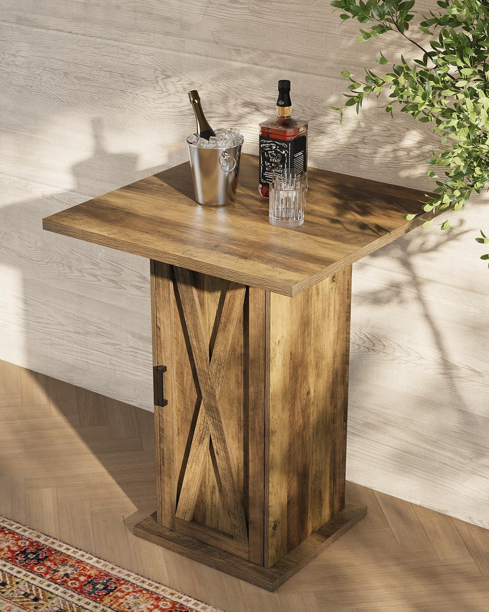 LITTLE TREE Bar Table with Storage Cabinet, 39.4" H Square High Top Pub ...