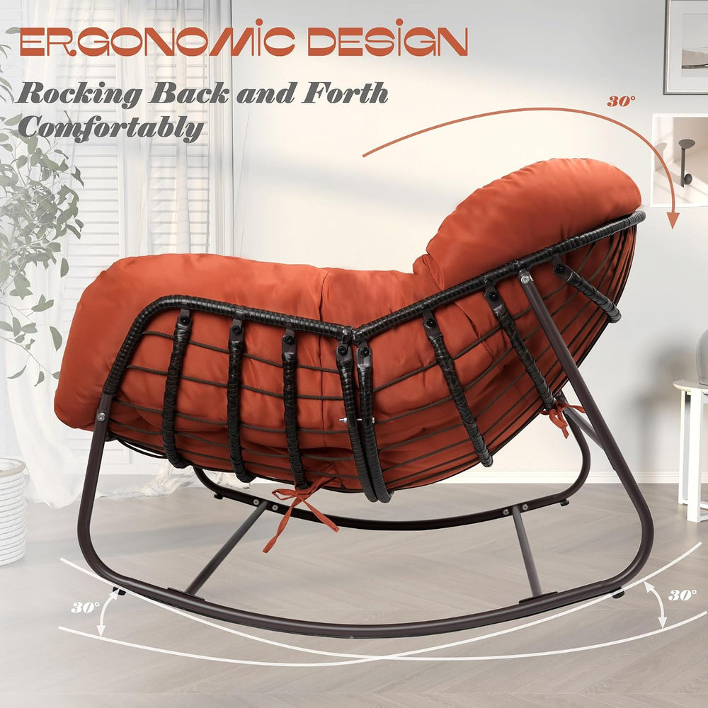 Outdoor Papasan Rocking Chair, Oversized Patio Rocking Chairs with Padded Cus...