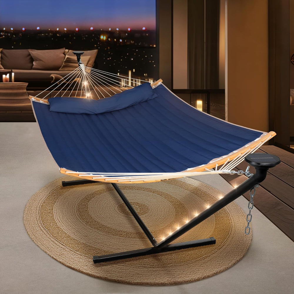Outdoor Hammock with 12 ft Stand, Solar Powered Lights, Dark Blue