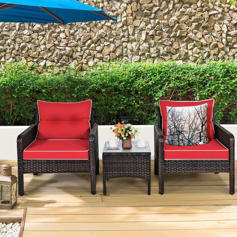 HAPPYGRILL 3 Pieces Patio Furniture Set, Outdoor Rattan Wicker Conversation S...