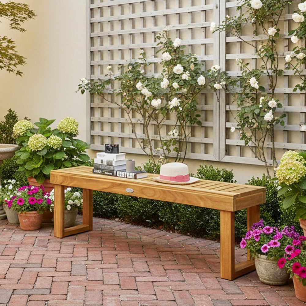 Tangkula 52" Acacia Wood Outdoor Bench, Wood Patio Dining Bench with Sla...