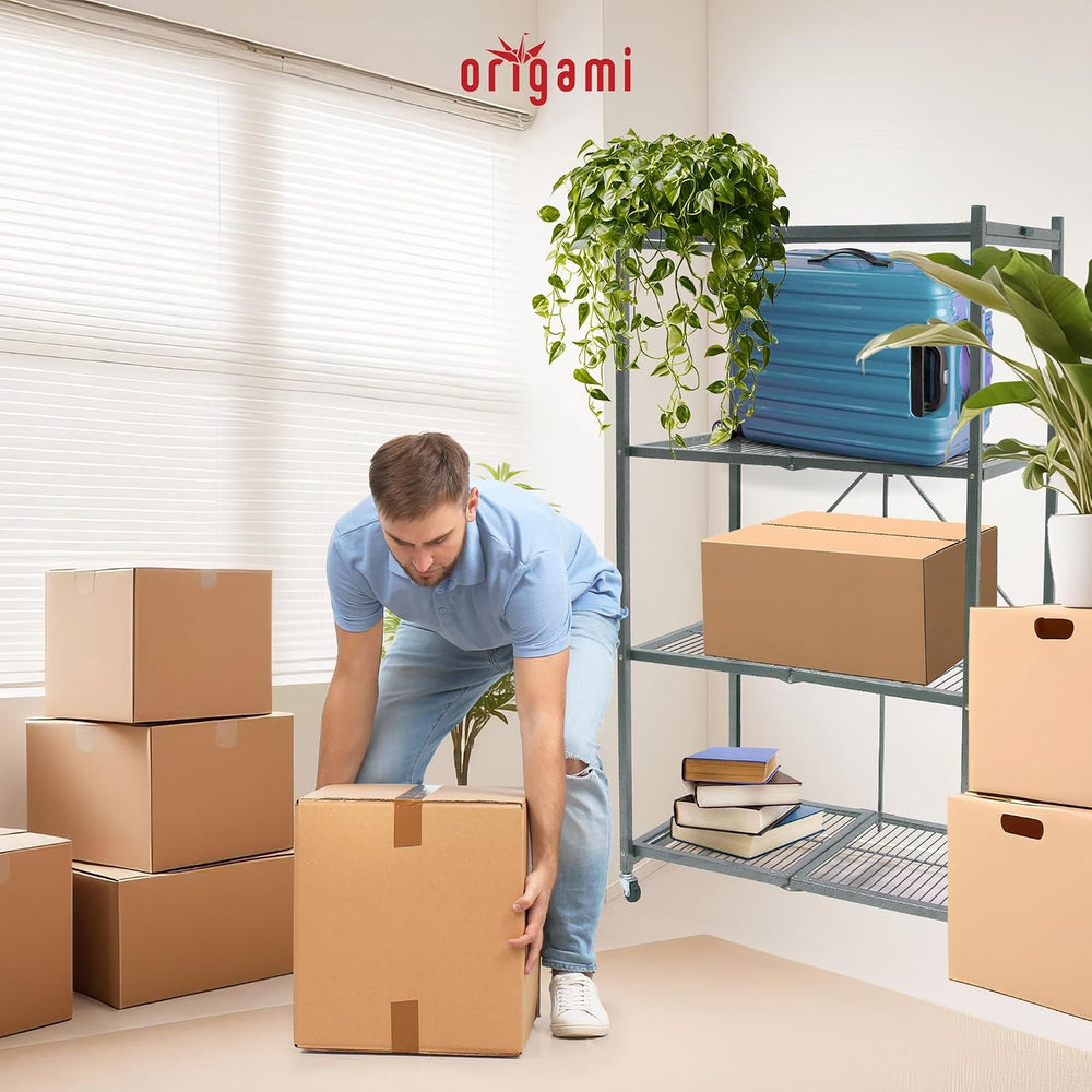 Origami R5 Series Foldable 4-Tier Heavy-Duty Steel Storage Rack, Pewter