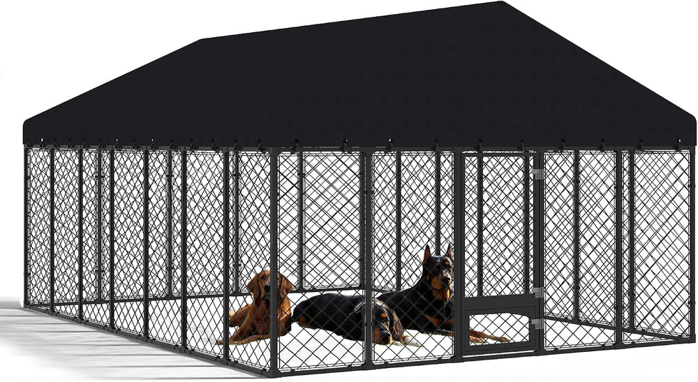 10x14FT Outdoor Dog Kennel with Roof and Feeding Door