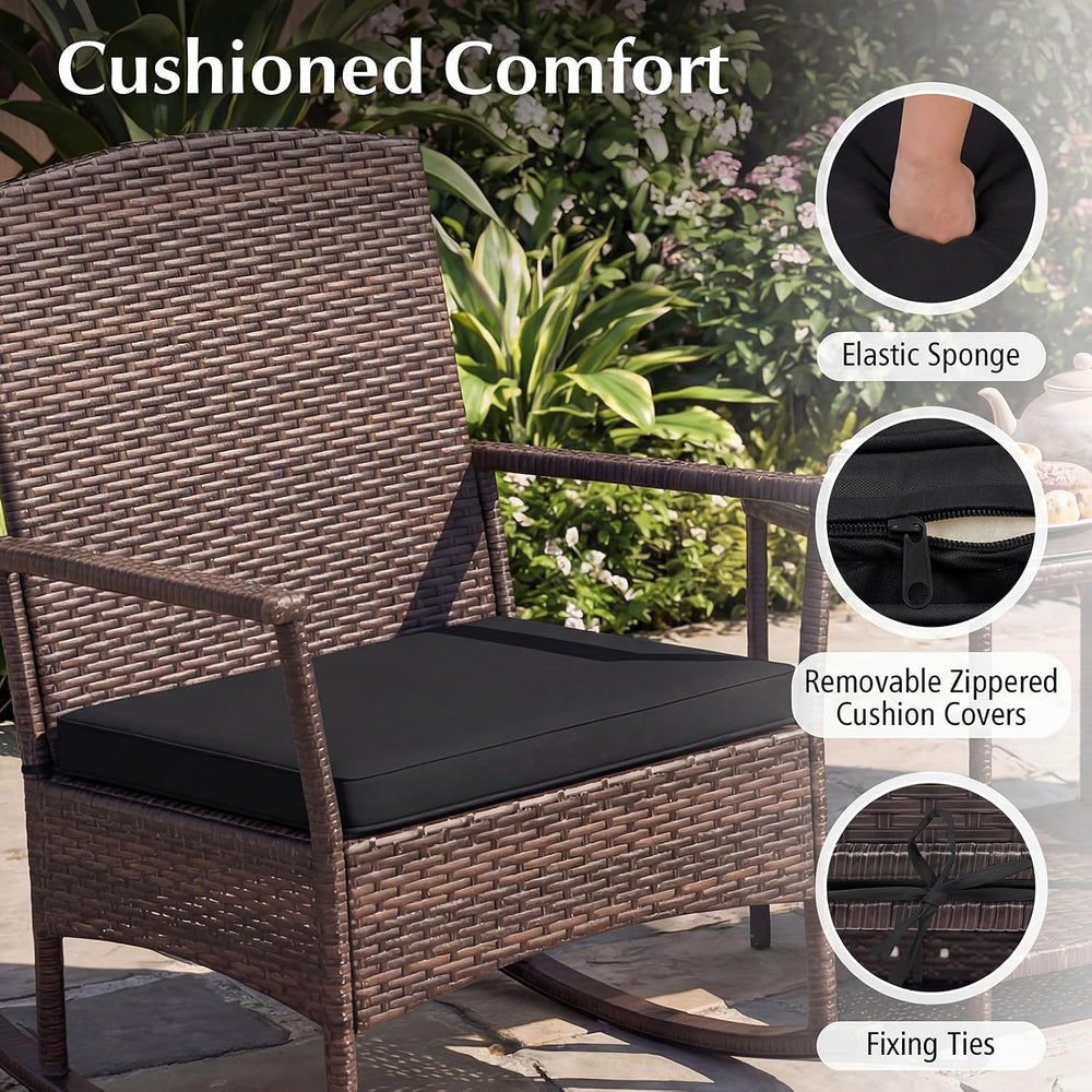 Tangkula 3-Piece Outdoor Bistro Set Wicker Rocking Chairs (Black)