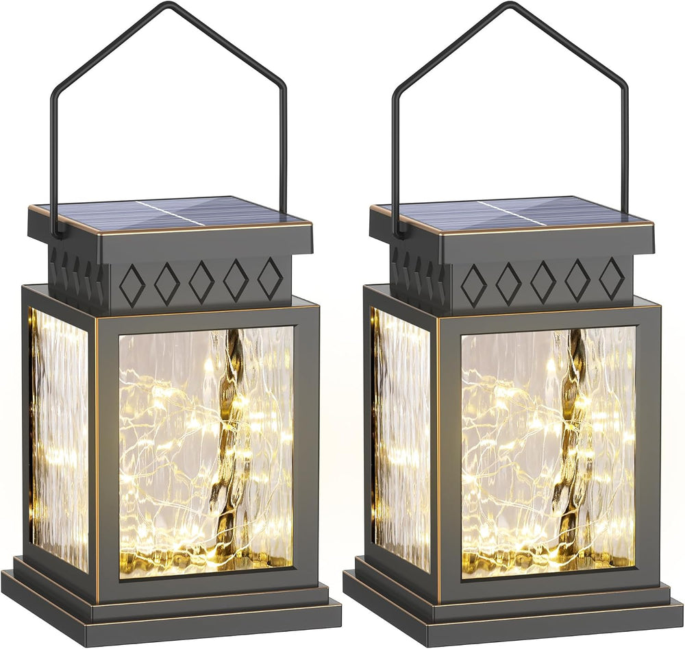2 Pack Farmhouse Solar Lanterns , Water Ripple Glass & Copper Wire Flicke...