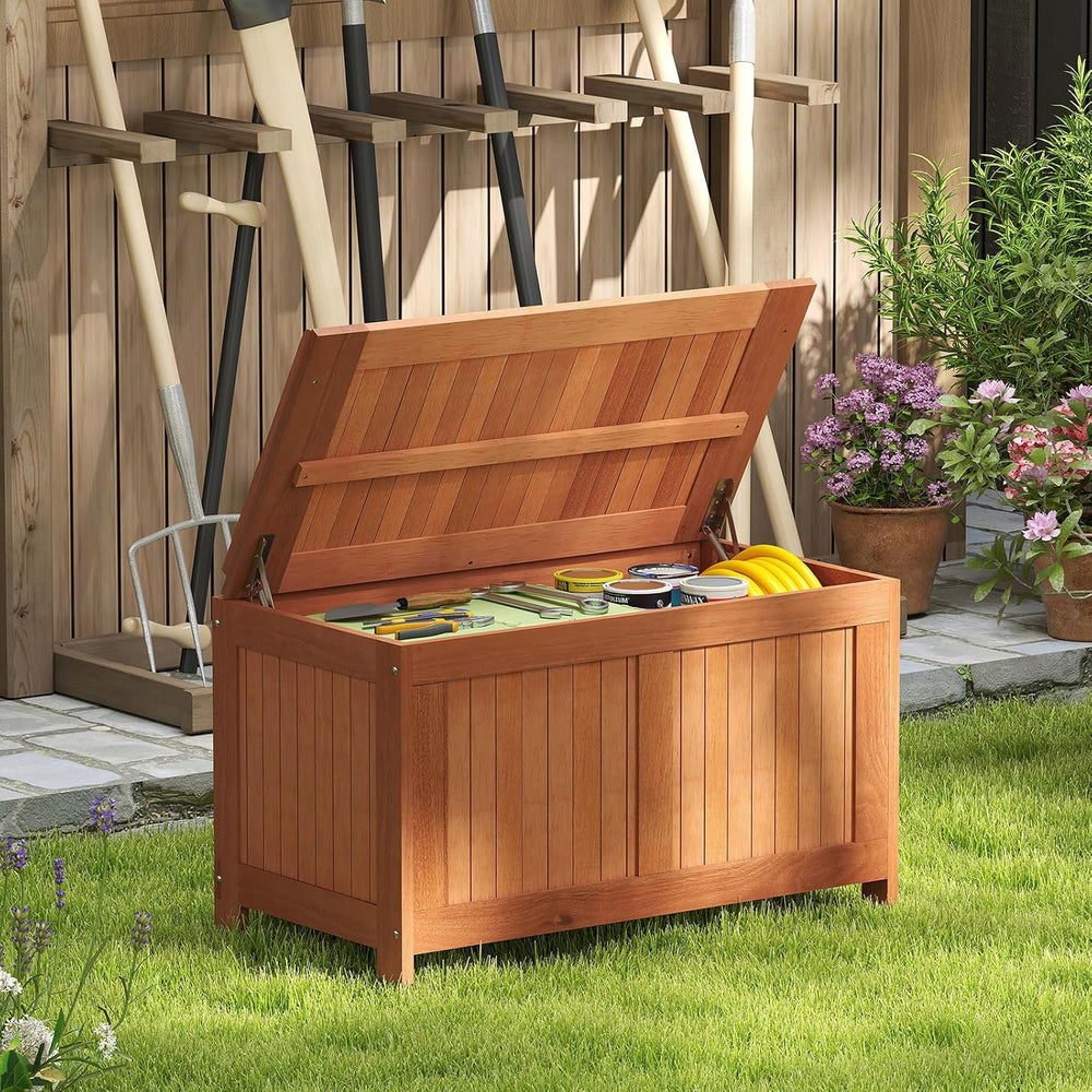 HAPPYGRILL Outdoor Wood Deck Box with Flip Top, Patio Storage Bench for Garde...