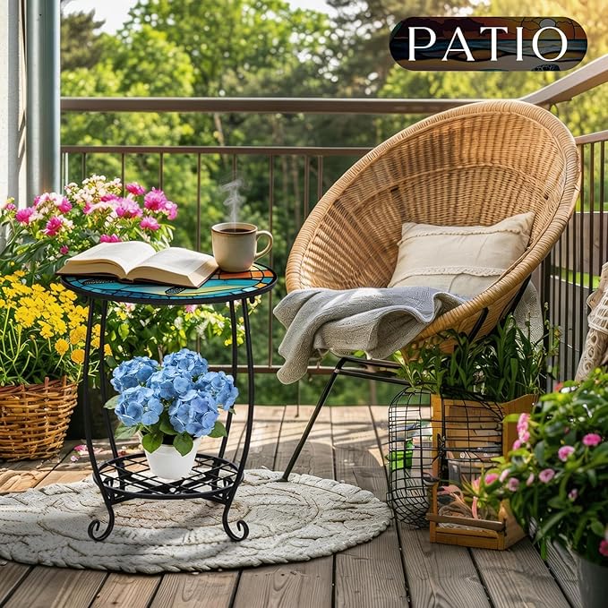 Outdoor Side Table Round Small Mosaic Patio Accent Indoor End Plant Coffee Te...