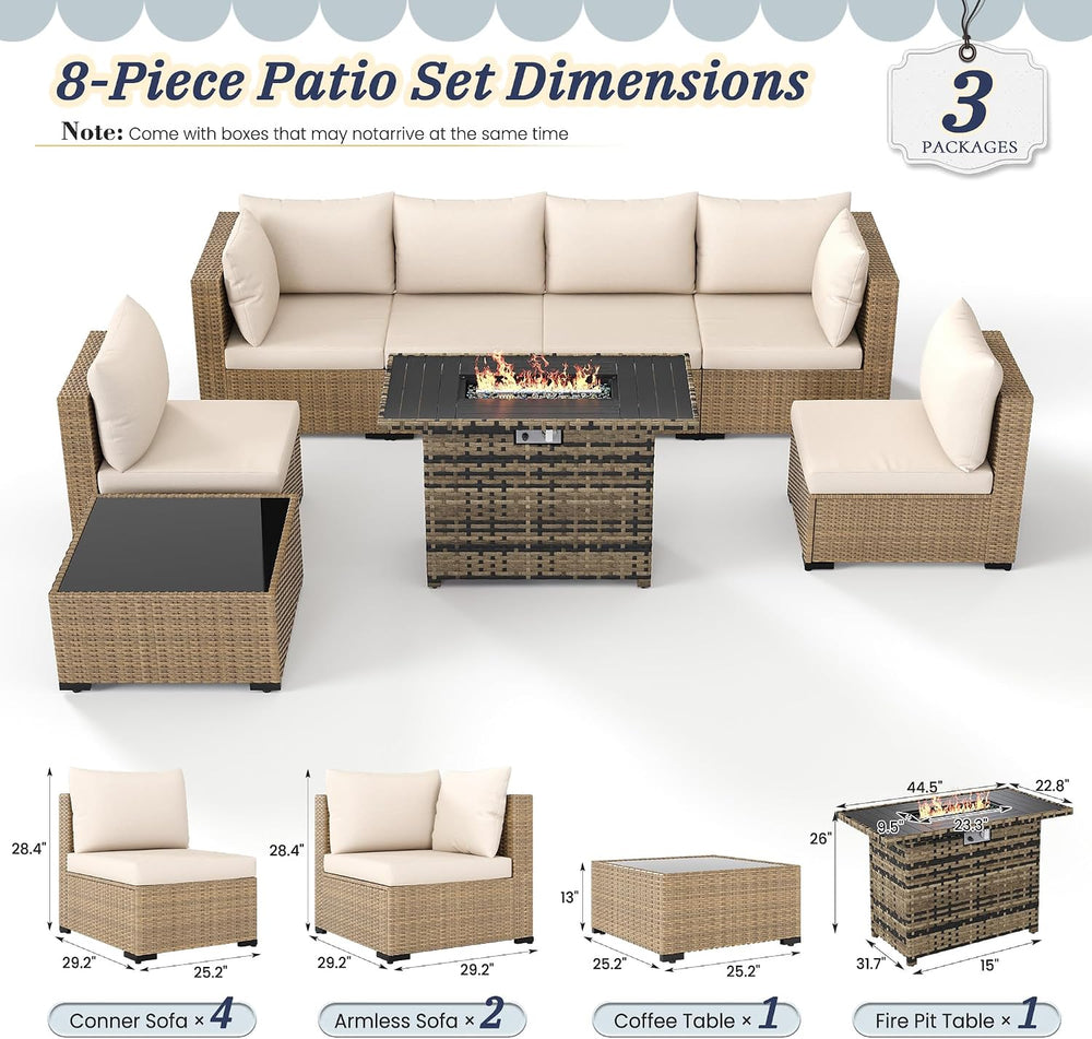 UDPATIO Patio Furniture Set with Fire Pit Table, 8-Piece Wicker Patio Set
