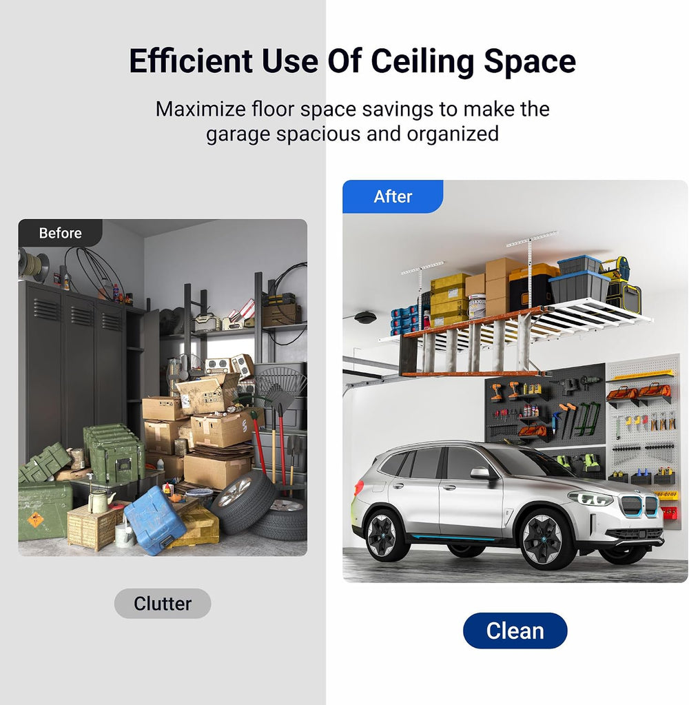 FLEXIMOUNTS 4x8 Overhead Garage Ceiling Storage Rack with 6 Hooks, White