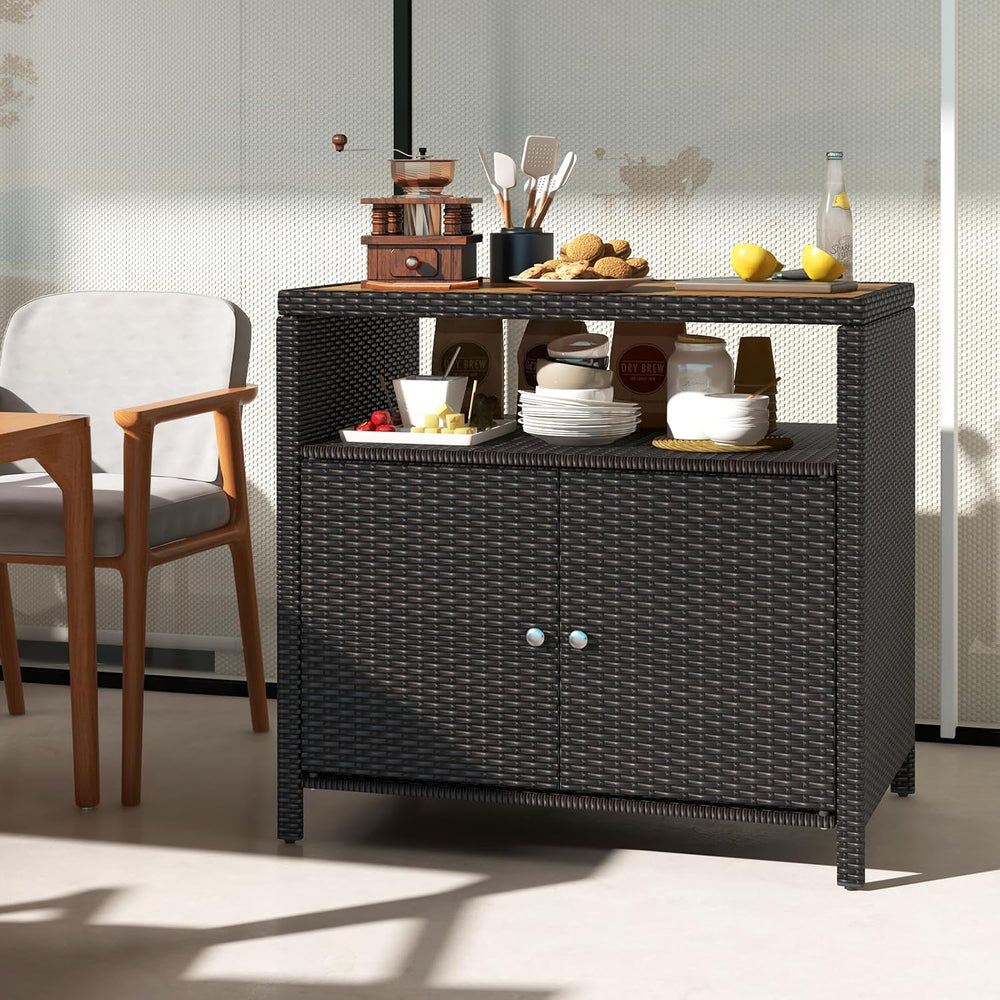 Rattan Storage Cabinet, Outdoor & Indoor Sideboards with Acacia Wood Coun...