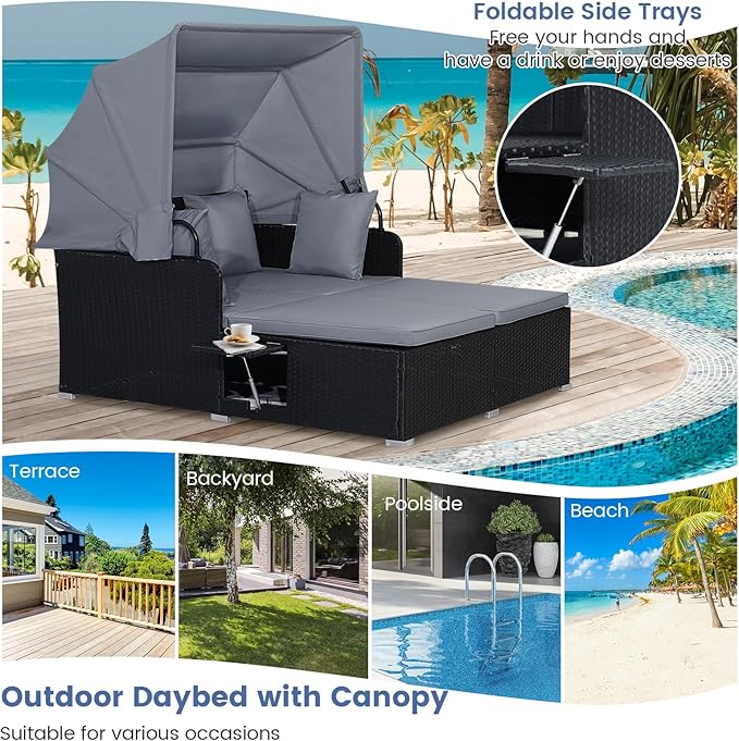 COSTWAY Outdoor Daybed with Retractable Canopy, Wicker Patio Furniture Set wi...