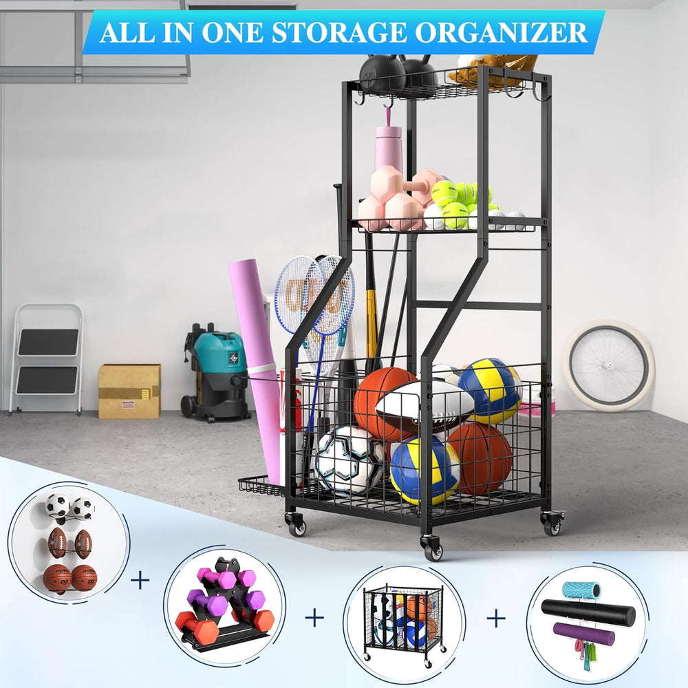 Sports Equipment Garage Organizer,Garage Ball Storage Rack for Sports with Wh...