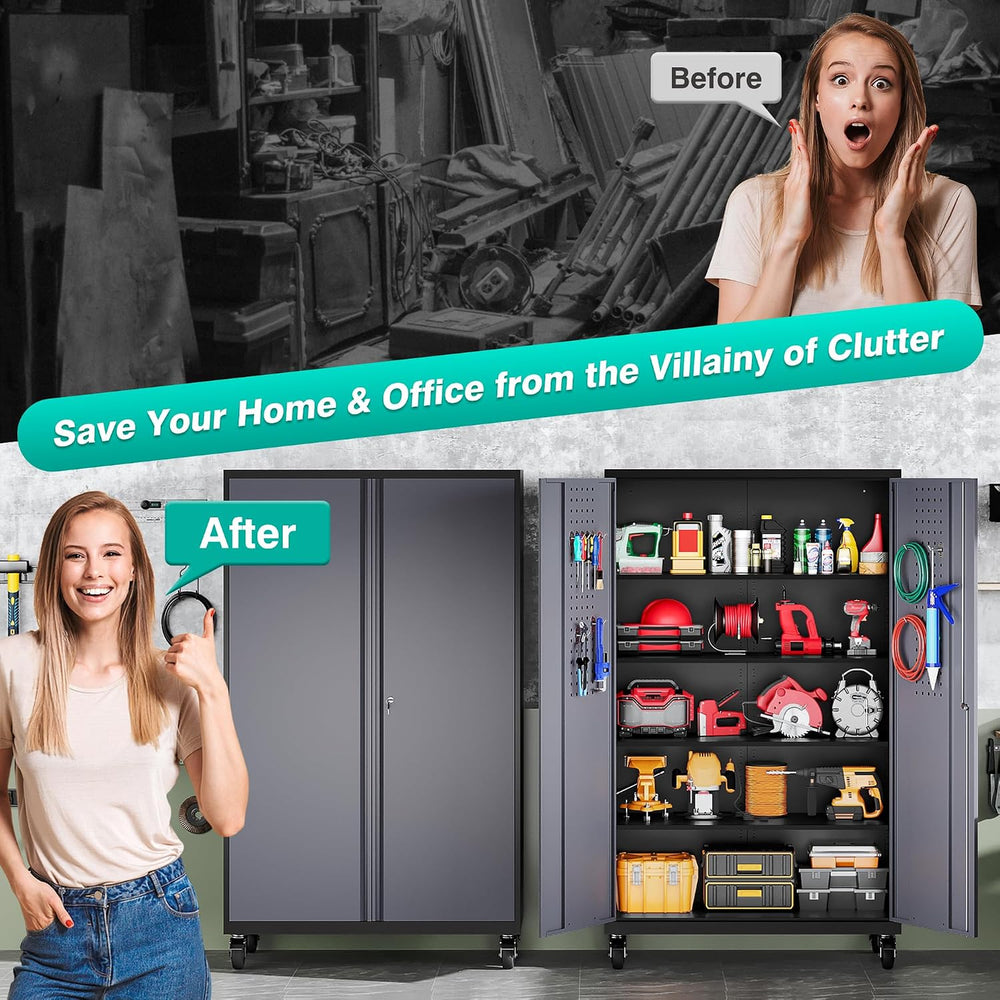Wide & Deep Metal Storage Cabinet with Wheels,Tall Rolling Garage Storage...
