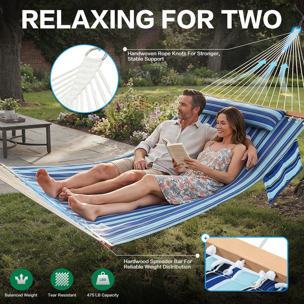 GAFETE 12ft 2 Person Hammock for Outside with Hardwood Spreader Bar