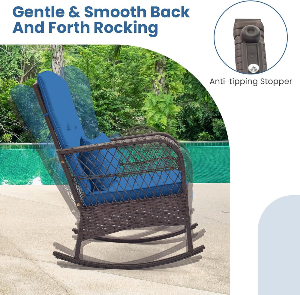 ORALNER 3 Pieces Patio Rocking Chair Set, Wicker Bistro Set (Navy)