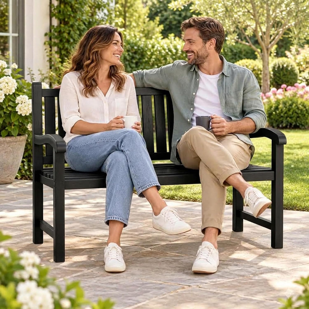 Weatherproof Resin Outdoor Garden Bench, 2-Seater,Classic Black