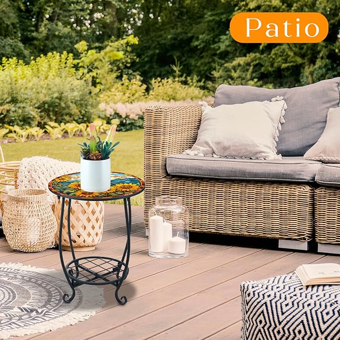 Outdoor Side Table Round Small Mosaic Patio Accent Indoor End Plant Coffee Te...