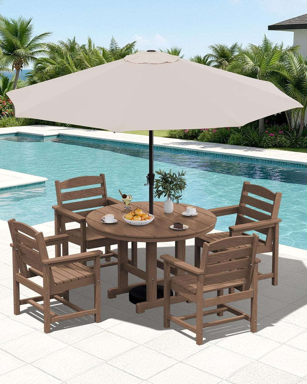 SERWALL 6-Pc Dining Set, 45" Table, 4 Chairs&9FT Umbrella, Brown (No...