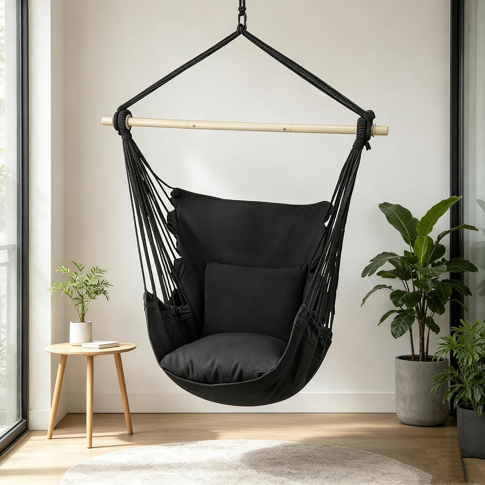 Hammock Chair Hanging Rope Swing w/2 Cushions, Hold 350lbs, Black