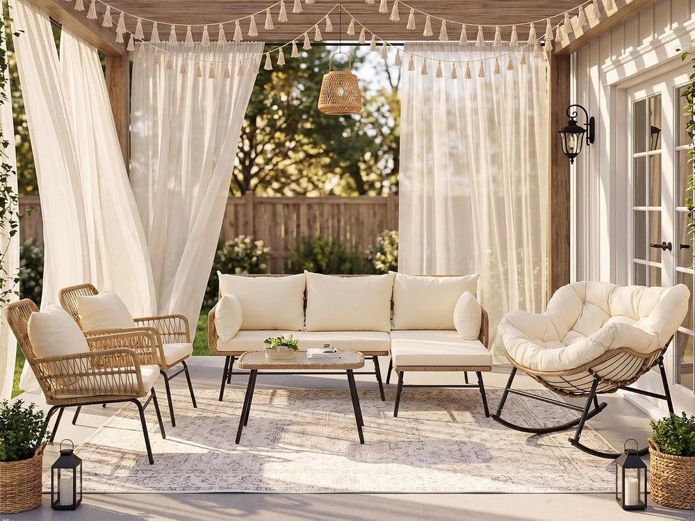 RADIATA 6 Pcs Boho Outdoor Sectional Sofa Set, Beige Outdoor Seating