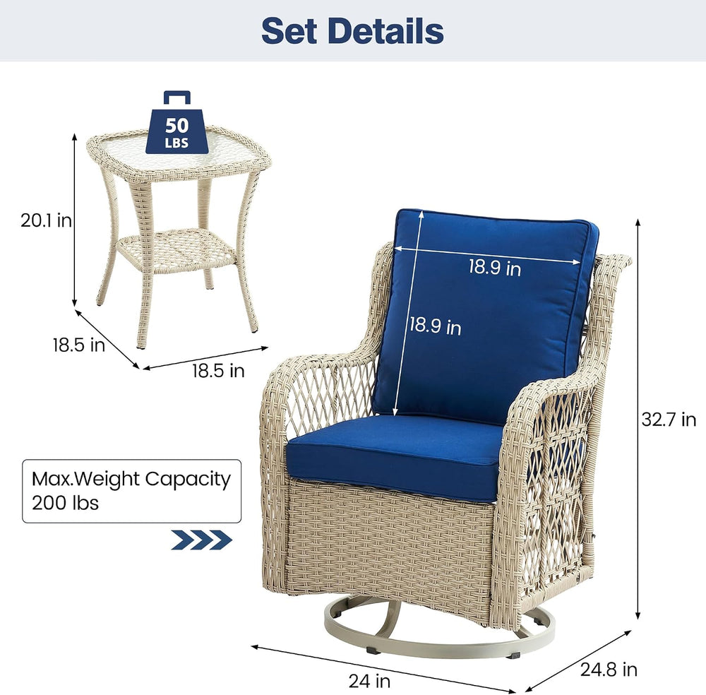 GAOMON 3 Piece Outdoor Patio Set, Wicker Rocking Bistro Set with 2 Swivel Cha...