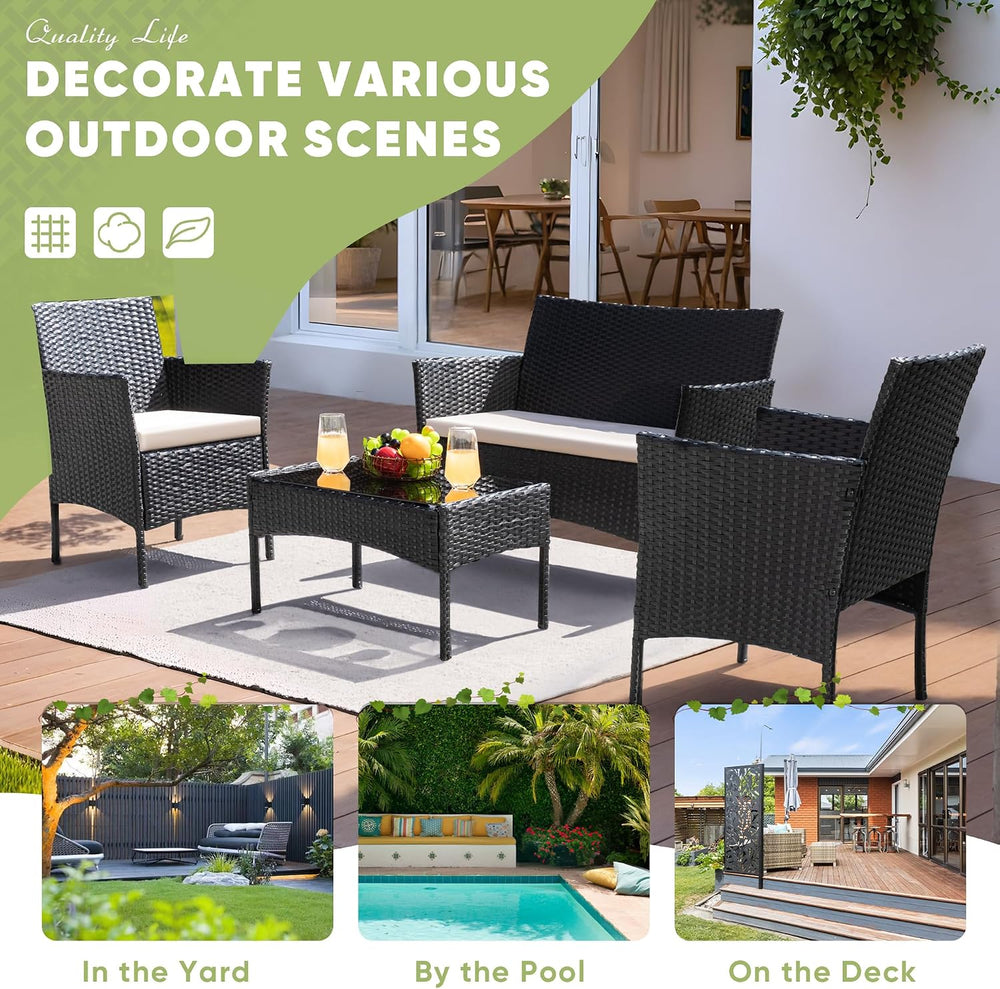 Greesum 4 Pieces Patio Furniture Conversation Sets,Black and Beige