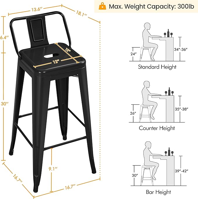 Yaheetech Bar Stools Set of 4, Metal Counter Height Chairs, 30 Inch Industria...