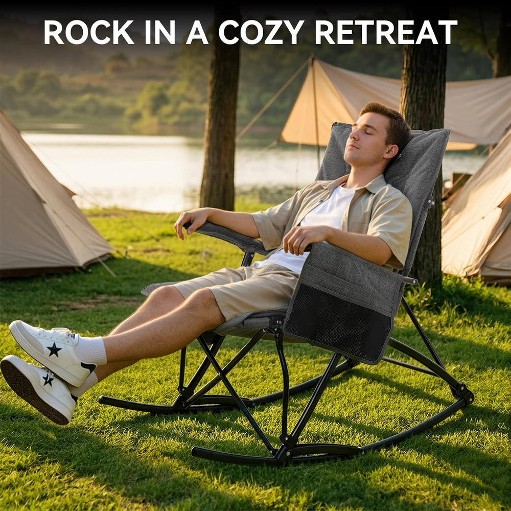 Oversized Folding Rocking Camping Chair, Heavy Duty Rocker Chair, Black