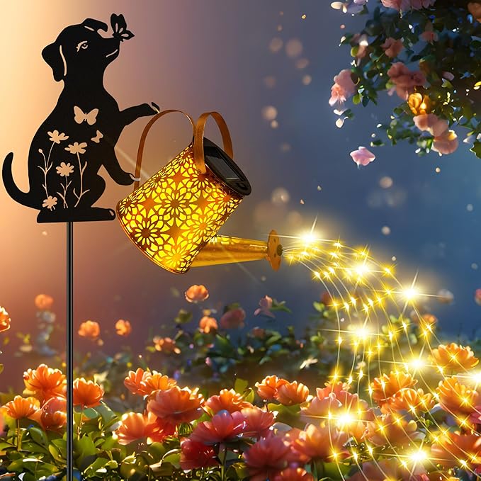 Solar Lights Outdoor Decorative, Watering Can with Cascading Lights, with Dog...