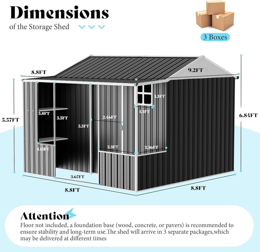 VanAcc 9x9x7 FT Metal Shed with Dual Storage Zone and Work Area