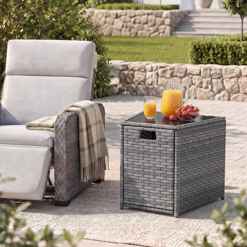 Restland Outdoor Wicker Table - Grey Rattan Coffee Table with Tempered Glass ...